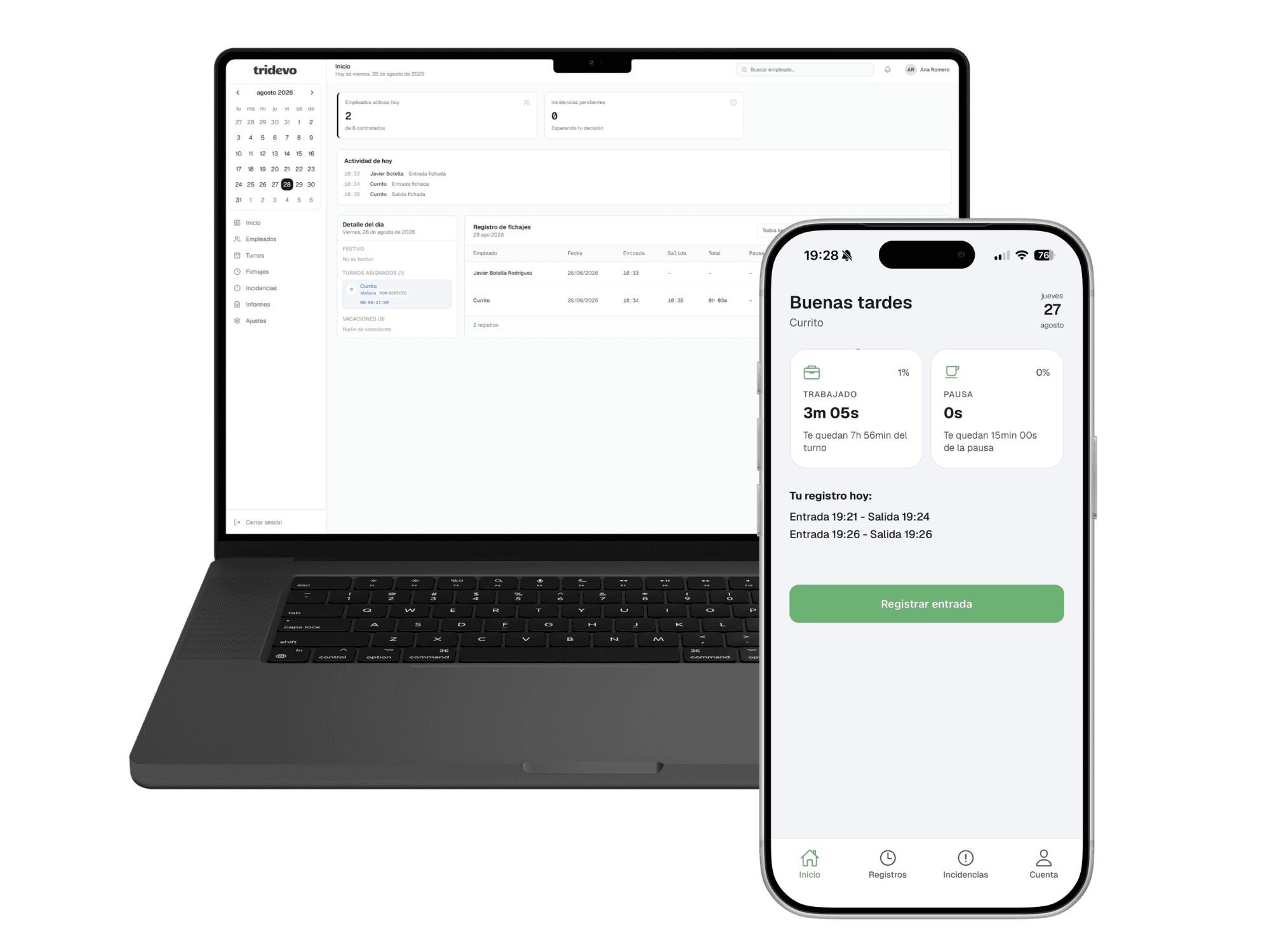 App de fichaje de Currito en un móvil, junto al panel de administración